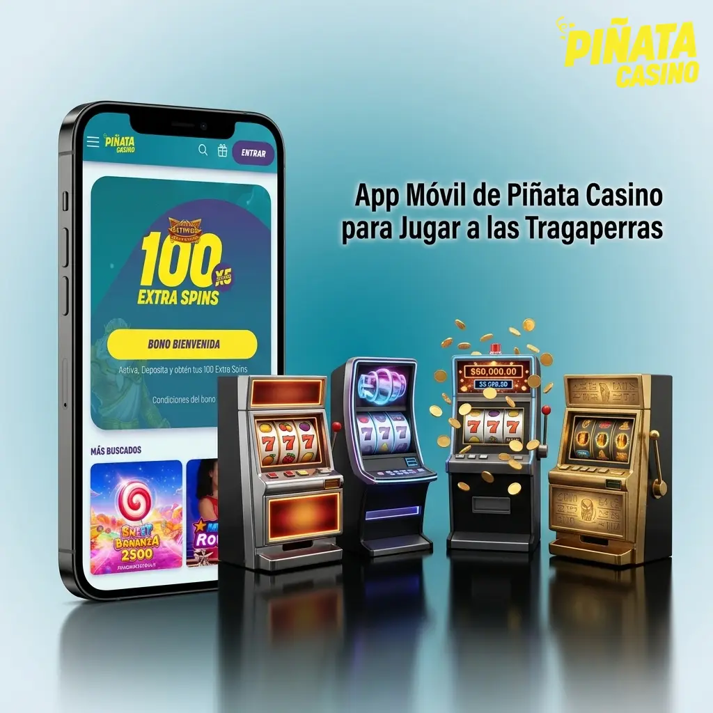 App móvil de Piñata Casino en pantalla de smartphone mostrando tragaperras disponibles para iOS y Android