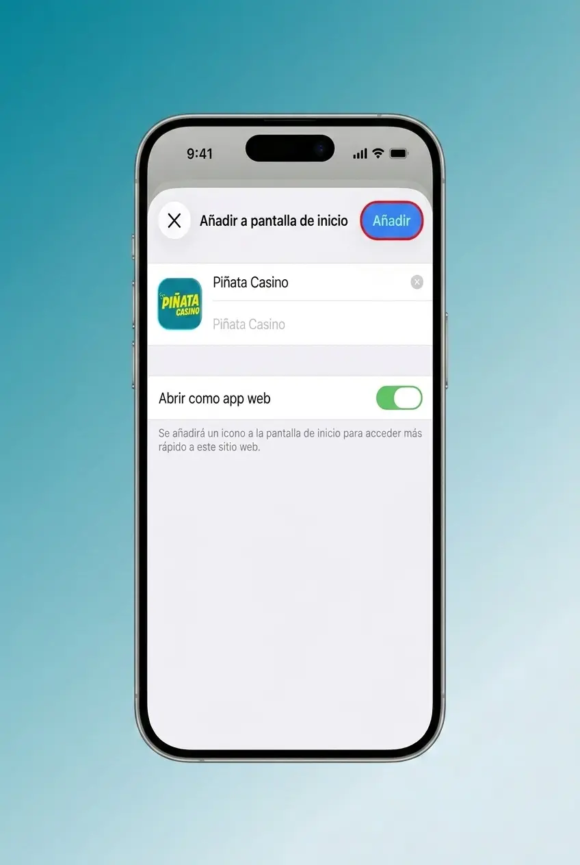 Guía visual de 4 pasos para descargar la app de Piñata Casino en iOS desde la App Store