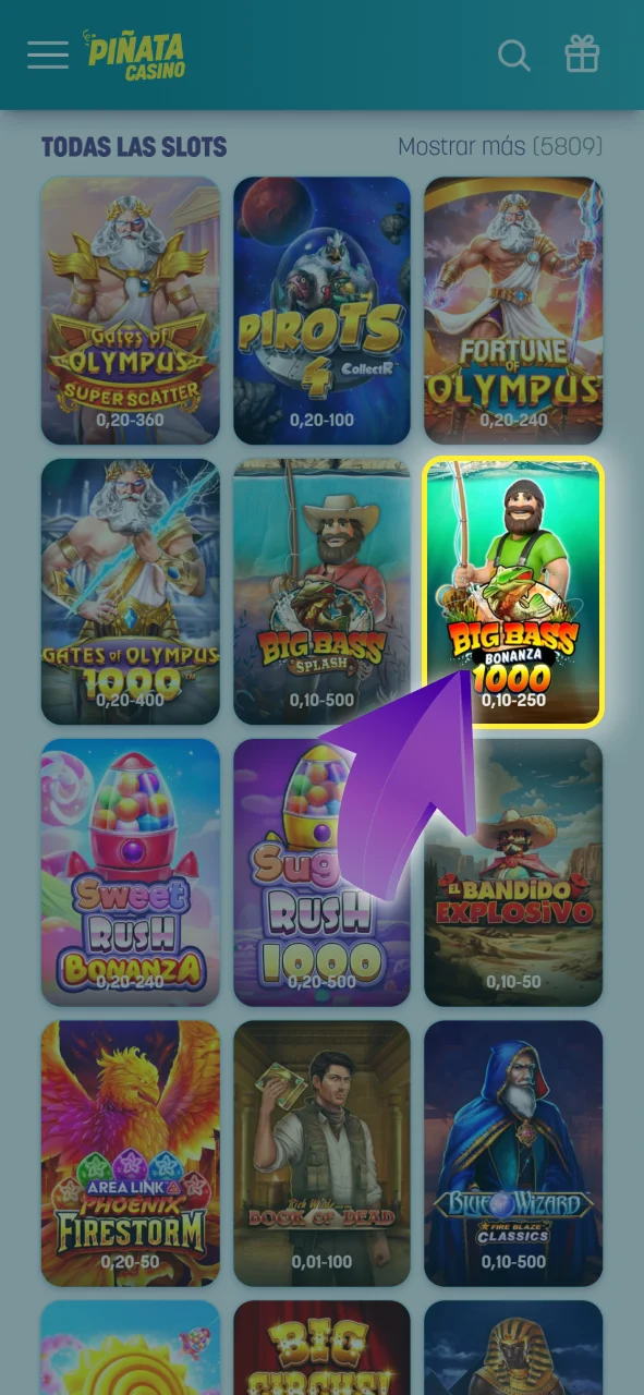 Selecciona el juego que más te guste desde el catálogo de Piñata Casino.