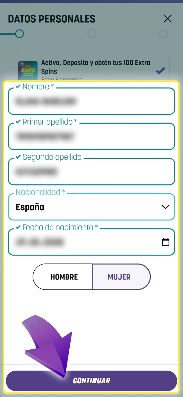Completa los datos requeridos en el formulario inicial de Piñata Casino.