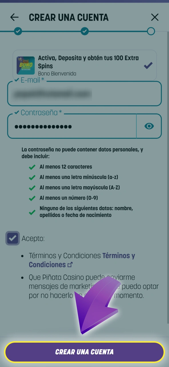 Entra a tu nueva cuenta tras completar el registro inicial en Piñata Casino.
