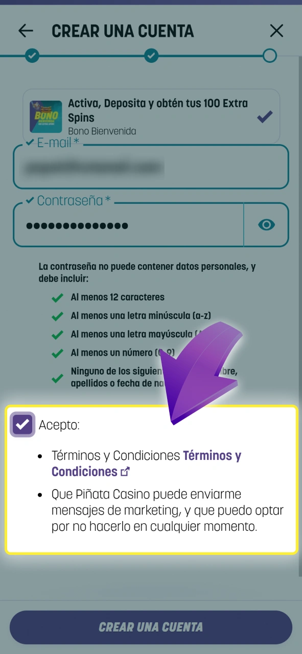 Acepta los términos y condiciones para crear tu cuenta en Piñata Casino.